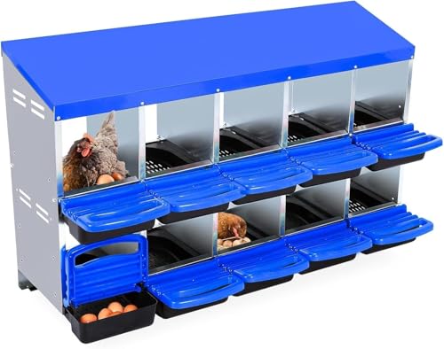 10-Hole Chicken Nesting Box with Removable Lid, Metal Chicken Coops with Roll Away Design/Easy Egg Collection/Ventilation Holes, for Chickens Coops, Duck and Hens - color: Blue, size: 10 holes without legs