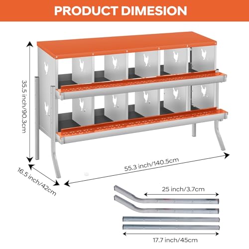 Garvee Chicken Nesting Box, 10 Compartments Nesting Box for Chickens, Galvanized Steel Chicken Laying Box for Easy Egg Collection, Wall Mounting - color: Orange | 10 Compartment+legs