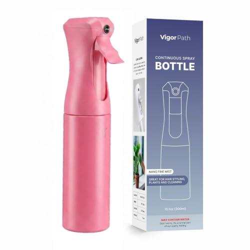 VIGOR PATH Continuous Mist Pink Spray Bottle 300ml Fine Mist for Hair | Ultra Fine Atomizer Leak Proof Ergonomic Construction 360 Refillable - color: Pink - 10oz
