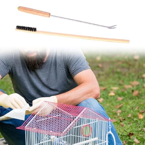 2Pcs Bird Cage Cleaners,Cleaning Fork and Brush Portable Removers Cleaning Tools for Parakeet Perch Stand Bird Droppings, Wood Handle - color: Wood Handle