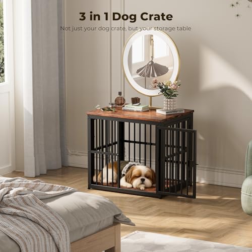 Lyromix 27'' Dog Crate Furniture with 3 Doors for Puppy Small Dogs | Wooden Kennel End Table, Heavy Duty Indoor Cage for Pug, Corgi, Boston, Multiple Units Can be Combined, Rustic Brown - color: Brown, size: 26.9"L x 20.9"W x 24.0"H