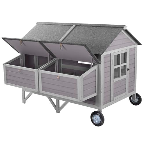 GUTINNEEN Large Chicken Coop with Durable Wheels for 8-10 Chickens, 68.1" Wooden Hen House with 4 Nesting Boxes, 2 Removable Trays & Sturdy Metal Brackets, Mobile Duck Coop Easy Assembly Poultry Cage - color: Grey 21.1ft²