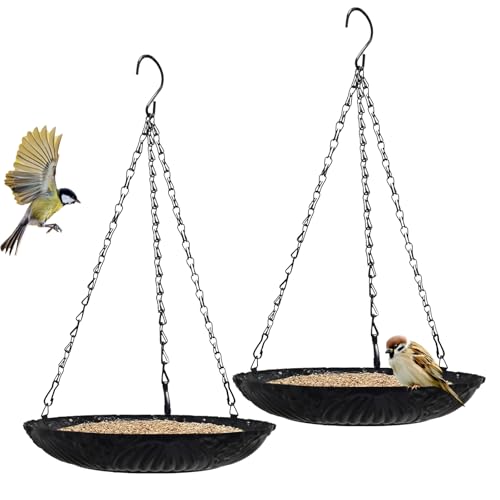 Platform Bird Feeder，11 inch Large Metal Hanging Tray Bird Feeders for Outside, 2 Pack - color: Black-2pack