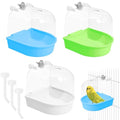 Tfwadmx 3 Pcs Bird Bath for Cage Clear Bird Bathtub Hanging Parakeet Bath Box Water Shower Food Feeder Bathing Tub for Budgies Cockatiel Canary Conure - color: Green, Blue &White
