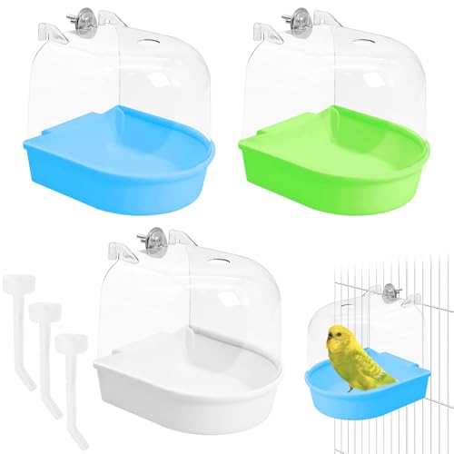 Tfwadmx 3 Pcs Bird Bath for Cage Clear Bird Bathtub Hanging Parakeet Bath Box Water Shower Food Feeder Bathing Tub for Budgies Cockatiel Canary Conure - color: Green, Blue &White