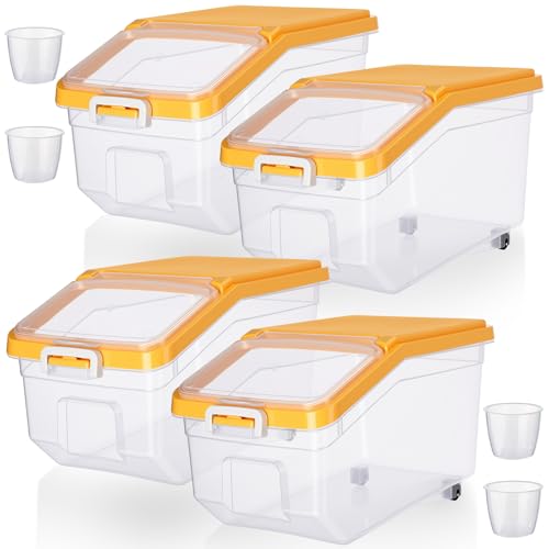 4 Pcs Rice Storage Container 22 lb Airtight Flour Container with Wheels Measuring Cup Clear Pet Dog Cat Birds Food Bin Grain Cereal Organizer Box for Dry Baking Supplies(Yellow Lid) - color: Yellow Lid, size: 22 lb