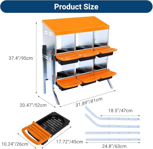 6-Hole Chicken Nesting Box with Removable Lid, Metal Chicken Coops with Roll Away Design/Easy Egg Collection/Ventilation Holes, for Chickens Coops, Duck and Hens - color: Orange, size: 6 holes with legs