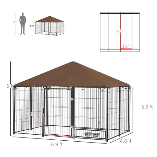 PawHut Outside Dog Kennel Puppy Play Pen w/Canopy 6.9' x 4.6' x 5' Black | Secure Lock, Heavy Duty Welded Wire Steel, Rotating Bowl, Outdoor Fence Crate Enclosure Cage for Dogs Chickens Ducks - size: 6.9' x 4.6' x 5'