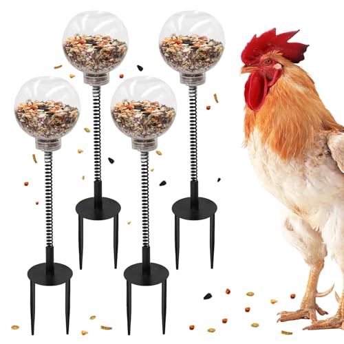 Chicken Enrichment Toys with Spring and Ground Stake, 4 Peck Treat Dispenser, Chicken Feeder for Coop, Coop Accessories for Hens, Geese, Ducks, Turkeys, Other Poultry - size: 4 Pack
