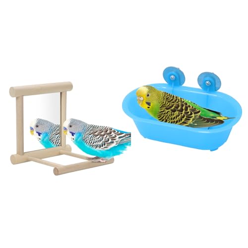 Wontee Bird Bath Parrot Bathing Tub Bird Mirror with Perch Toys for Budgies Parakeets Cockatiels Lovebirds Finches Canaries (Blue (A)) - color: Blue (A)