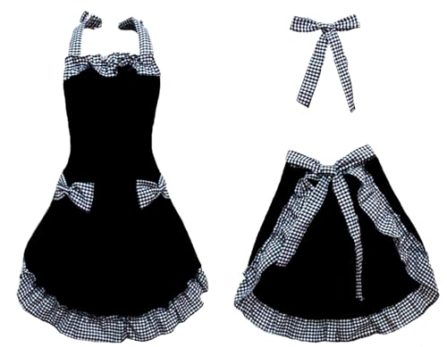 Cotton Kitchen Aprons for women with 2 Pockets Adjustable Neck Strap Chef Apron for Cooking Mothers Day Gifts (Black) - color: Black