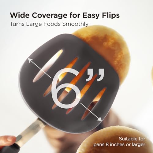 Kitchen Mama WaltzGrip Platinum Silicone Pancake Spatula Turner, Metal Gray | Heat-Resistant, Slotted Tapered Head, Stainless Steel Core, Durable and Dishwasher-Safe, For Flipping and Wok Use - color: Metal Gray