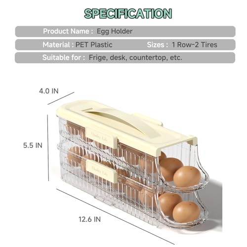 Egg Holder for Fridge, Clear, 1 Row-2 Tiers | Automatic Rolling, Stackable, Removable Inner Tray, Dispenser Organizer - size: 1 Row-2 Tiers