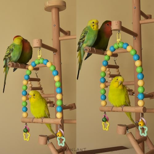 Wooden Bird Swing for Cage Large Parrot Hanging Toys Cockatiel Perch Stand | Colorful Acrylic Beads, Budgie Chewing Toy with Bell, Parakeet Climbing Training Set, Quaker Conures Birdcage Accessories - color: Oceanic palette