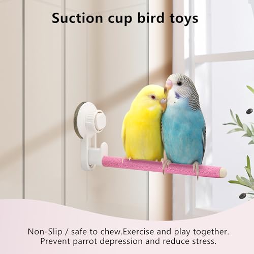 2Pcs Suction Cup Bird Perch,Wooden Parrot Window/Mirror/Car/Travel/Shower Perches Stand Quartz Portable Parakeet Grinding Stick Training Toys for Small and Medium Birds(Pink) - color: 2 Pcs-Pink Sticks