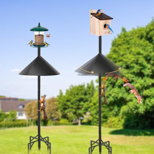 92" Bird Feeder Pole with Squirrel Baffle, 1" Heavy Duty Metal Stand | 5-Prong ground base birdhouse pole mount kit, 2 plates for smart bird feeder, rustproof outdoor post for bluebird houses - size: 92 Inch-Squirrel Baffle