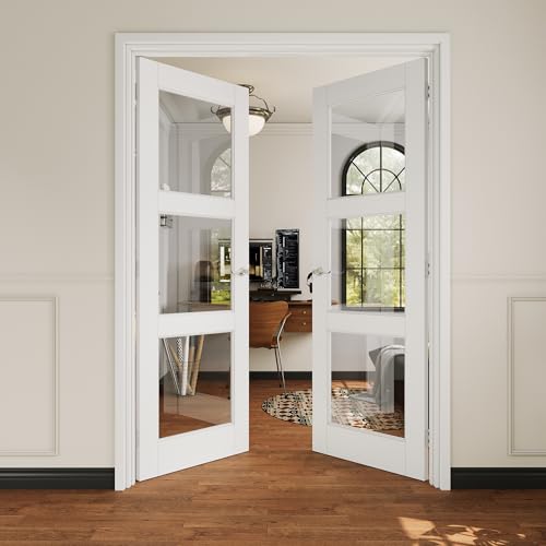 36x80 Interior French Door,3-Lite Clear Glass Doors,Living Room Doors | Satin Nickel Hardware-Privacy Door Lever w/ Lock, Latch&Hinges, Solid Core,Tempered Glass,No PreDrill,Jamb Assembly Required - color: 3-Lite, Silver Hinges, size: 36x80 for 38x82 open