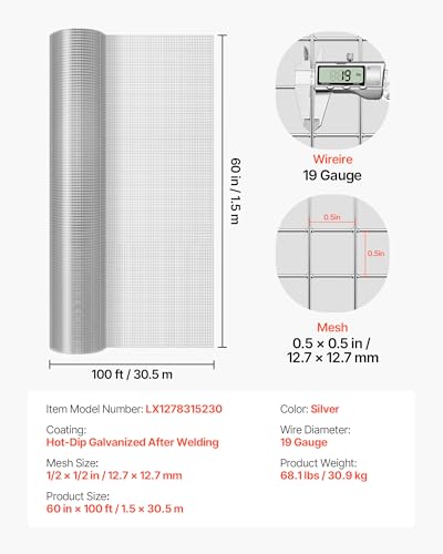 VEVOR Hardware Cloth, 1/2 inch 60 inch x 100 ft 19 Gauge Chicken Wire Fence, Hot-Dip Galvanized After Welding Metal Wire Mesh Roll, Garden Plant Welded Fencing Roll Supports Poultry Netting Cage Fence - size: 1/2 inch 60 inch x 100 ft