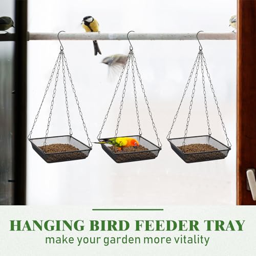 4 Pieces Hanging Bird Feeder Tray Platform Metal Mesh Feeder Seed Platform for Bird Feeding Outside Outdoors Wild House Hanging for Attracting Birds, Black(Square) - style: Square
