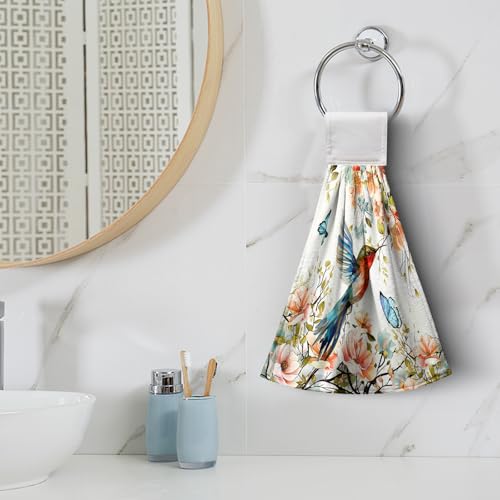 Floral Birds Hand Towels with Hanging Loops Garden Watercolor Floral Hummingbird Butterfly Hanging Kitchen Towels Set of 2 Spring Summer Soft Absorbent Bath Tie Towel Oven Stove Dish Washcloths - color: Floral Birds