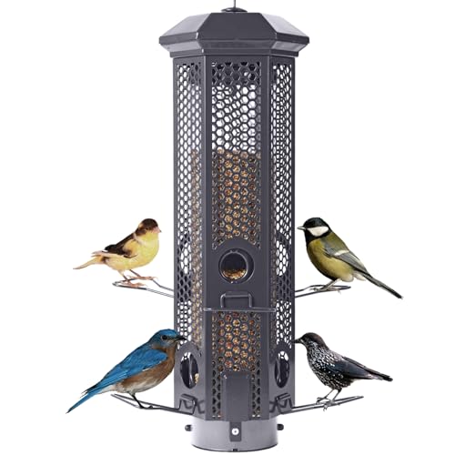 Squirrel Proof Bird Feeders with Removable Base, Metal Wild Bird Feeder for Outdoors Hanging, 6 Weight-Activated Ports Perches, 3LB Seed Capacity(Gray) - color: Gray