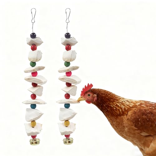 2-Pack Chicken Pecking Toys with Cuttlebone & Bell – Hanging Poultry Enrichment for Hens, Ducks & Geese | Calcium Supplement & Boredom Relief Activity