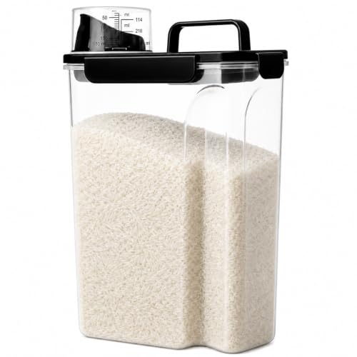 10 Lbs Rice Storage Container Dispenser, Slim Food Bin for Cereal, Flour | Airtight Sturdy Plastic Dry Food Container with Wide Pour Spout for Grain, Oatmeal, Bean, 5 Lbs Dog, Cat, Pet Food, Bird Seed - color: Black