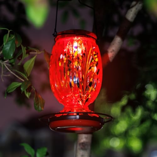 Solar Hummingbird Feeder for Outdoors Hanging Patio Designed 32 Ounces Colorful Hand Blown Glass Hummingbird Feeder 5 Feeding Ports with Perch Never Leak (Red)