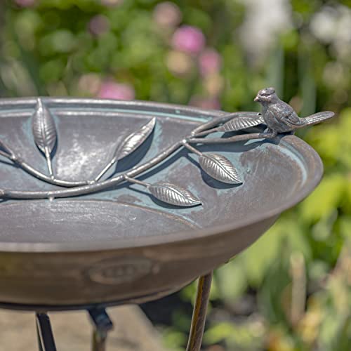 Zaer Ltd. Deep Well Made Metal Birdbath with 2 Cast Iron Birds and Leaf Decoration (Bronze) - color: Bronze