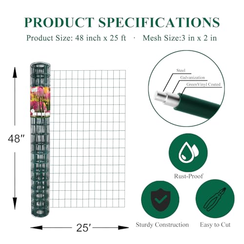 Green PVC Coated Welded Wire Fence 48" x 25' Roll, 2"x3" Mesh, 16 Gauge | Vinyl Coated Garden Fencing, Yard & Pet Barrier, Chicken Wire Fencing, Dog Enclosure Mesh, Vegetable Plant Protector - color: Green, size: 2''x3'' 16GA 48''x25'