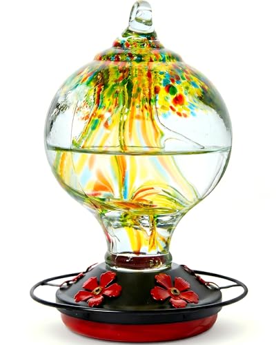 Hummingbird Feeder for Outdoors Hanging, 34 Oz, Handcrafted Gift Inner Glass Décor for Bird Garden Lover, Ant Moat & Bee-Resistant Ports, Hook & Brush Included (Golden Meadow) - color: Golden Meadow
