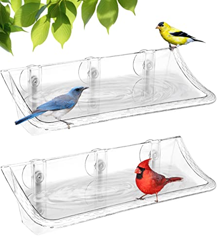 Clear Bird Bath Bird Feeder for Outside Window Glass, Transparent Birdbath with Strong Suction Cups for Viewing, Bird Watching Gifts for Elderly Parents, 2 Packs