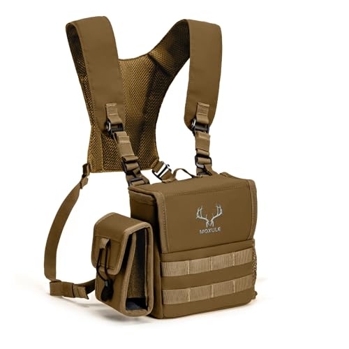 Binocular Harness Chest Pack - Rangefinder Pouch for Hunting Brown | Silent one-handed access, bino case with rain cover and removable pouch , MOLLE webbing for birdwatching and hiking - color: Wolf Brown