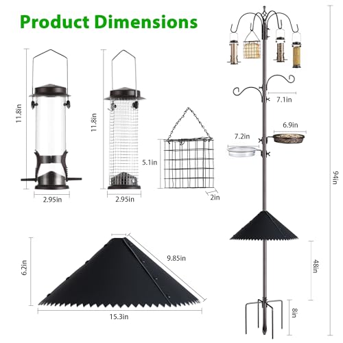 94-Inch Bird Feeding Station Kit, 6-Hook Pole with Squirrel Baffle | Bird Bath Bowl, Mesh Seed Tray, Freestanding 5-Prong Base, Removable Parts, Easy Assembly, for Patio, Lawn and Garden - size: 94 Inches with Squirrel Baffle