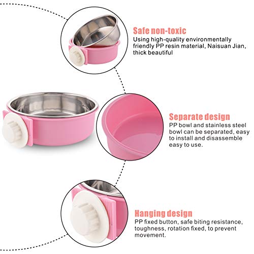 Crate Dog Bowl Removable Stainless Steel Water Food Feeder Bowls Cage Coop Cup for Cat Puppy Bird Pets (Large, Pink) - color: Pink, size: Large