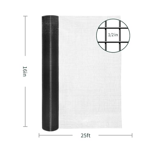 Hardware Cloth 1/2 inch, Black Vinyl Coated Hardware Cloth 19 Gauge 16 inch x 25 ft Black PVC Welded Wire Fence for Poultry Netting, Garden Fencing, Tree Guard Rolls and Cage Fence - size: 1/2inch 16inx25ft