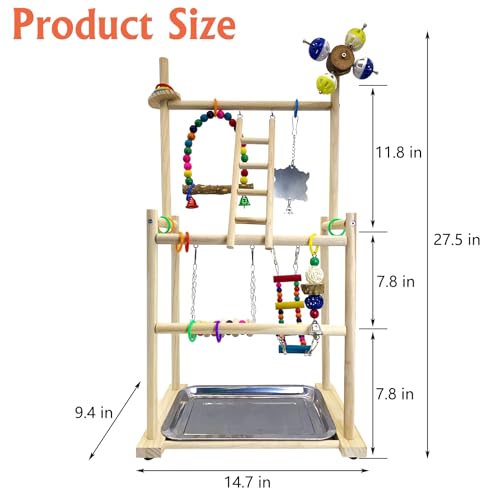 Hamiledyi Natural Wood Bird Playground - Large 3-Tier Perch Stand with Exercise Platforms Durable Activity Gym for Parrots, Cockatiels and Small Birds Bird Stand with Ladders and Swings