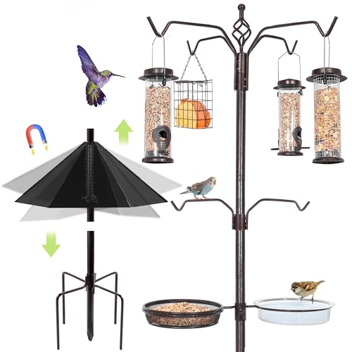 YINGYM 6-Hook Bird Feeding Station with 19" Metal Squirrel Baffle, 94 Inch | Heavy Duty Bird Feeder Stand Pole with 4 Bird Feeders, Baffle Guard for Patio, Lawn and Garden, Attracting Wild Birds - size: 94 Inch with Squirrel Baffle