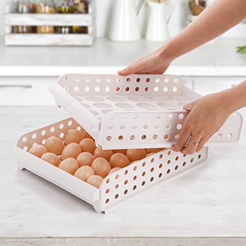 60 Egg Drawer for Refrigerator, 2-Layer Stackable Egg Holder Storage Container for Countertop, Large Capacity Plastic Fresh Egg Tray Dispenser Organizer Keeper with Handle for Kitchen