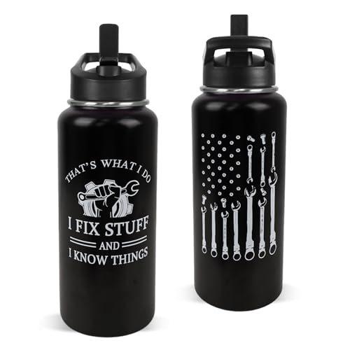 Mechanic Water Bottle with Straws Garage Insulated Water Bottle Gifts for Men,Father,Dad,Grandpa,Husband,Car Guy,Anniversary,Fathers Day Travel Thermal Double Walled Vacuum Cup-32 oz - color: black mechanic