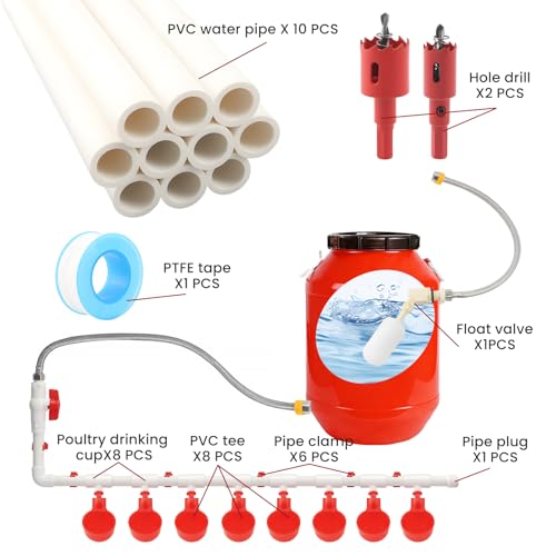 Automatic Chicken Waterer System Complete Set Pipeline Poultry Water Feeder with Water Cups, Float Valve, Garden Hose for DIY (Bucket Not Included)