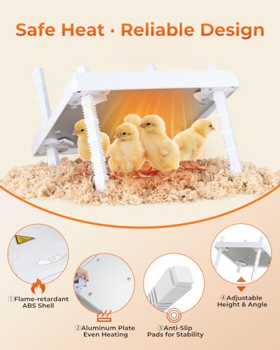 12"x12" Chick Heat Plate with Remote Precise Temperature Control | Adjustable height and angle, anti-tip frame, 30W low-energy heating, supports up to 20 chicks, ideal for indoor brooding