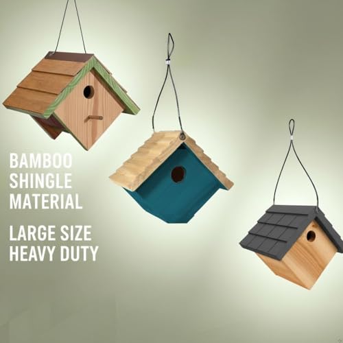 Large Cedar Bluebird House for Outside - Bamboo Shingles Roof Birdhouse for Bluebirds - Weather Proof Metal Protected - 13/16” Thickness Heavy Duty - Detachable and Easy Cleaning (1.5" Hole) - color: Wren&Bluebird