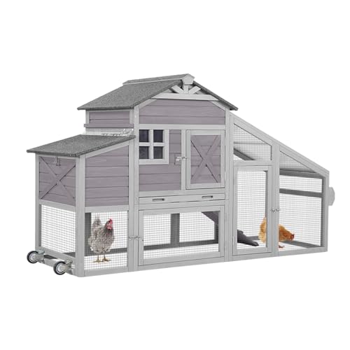 Chicken Coop Outdoor Wooden Poultry Cage with Waterproof Roof, Nesting Box, Pull Out Tray, Mobile Hen House for 2 4 Chickens, Large Chicken Tractor with Wheels (Grey) - color: Grey, size: 73.4"L x 24.2"W x 43.2"H