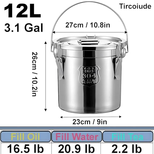 304 Stainless Steel Flour Canister, 12L/3.1 Gal, Handheld with Lids | Airtight Metal Canisters for Rice Flour Sugar Grain Coffee Bean Storage Containers Kitchen Jar - size: Handheld 12L/3.1gal