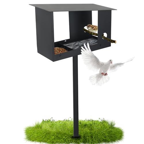 3-in-1 Metal Bird Feeder with Pole 59in High Weatherproof Wild Bird Feeding Station with Birdseed Area Removable Water Tray Custom Perch Ground-Mounted Bird Feeder for Small Birds Sparrow Tit Robin