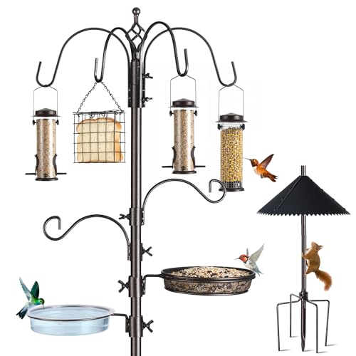94-Inch Bird Feeding Station Kit, 6-Hook Pole with Squirrel Baffle | Bird Bath Bowl, Mesh Seed Tray, Freestanding 5-Prong Base, Removable Parts, Easy Assembly, for Patio, Lawn and Garden - size: 94 Inches with Squirrel Baffle