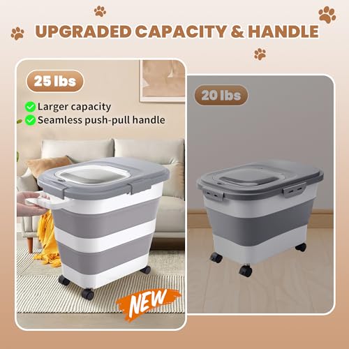 23-25Lbs Airtight Dog Food Storage Container,Collapsible Dog Food Container | Large Pet Food Storage Container with Lid,Wheels,Handle,Scoop,Small Cat Food Container for Dog Cat - color: Grey/25 LBS