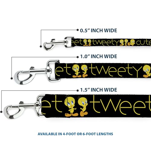 Buckle-Down Pet Leash - Tweety Bird Poses CUTE AND SWEET Black/Yellow - 4 Feet Long - 1" Wide | Tweety Bird Poses Cute And Sweet Black Yellow Durable Stylish For Walks - size: 4 Feet Long - 1" Wide