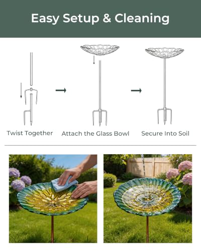 Glass Bird Bath Small Birdbath for Garden Decor, Yellow | 10.6" Bowl, 26" Height 4-Prong Stable Stake Easy to Clean Outdoor Bath or Feeder for Hummingbirds & Small Birds, Handcrafted
